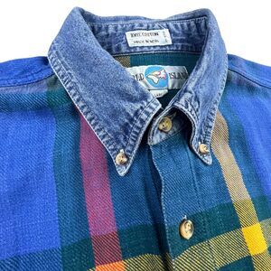 Vintage World Island Denim Shirt Men Large Plaid Button Down Workwear 80s 90s